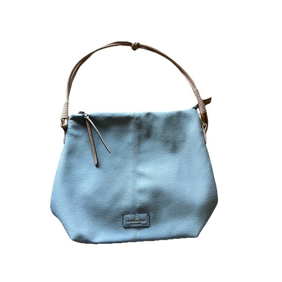 London Fog Travel Bag Houndstooth Brwn Barrel Duffle Leather Light Blue Bag - Picture 1 of 14